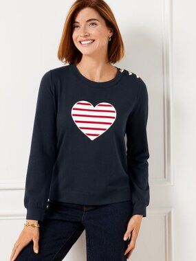 Talbots Crewneck Heart Lightweight Sweatshirt Gold Buttons Size XS Oversized